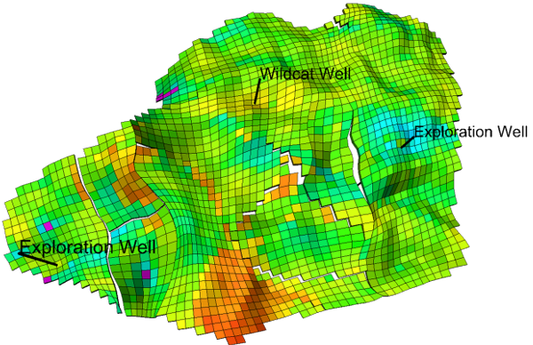 Base model : Permeability map (layer 1) including history and exploration wells locations
