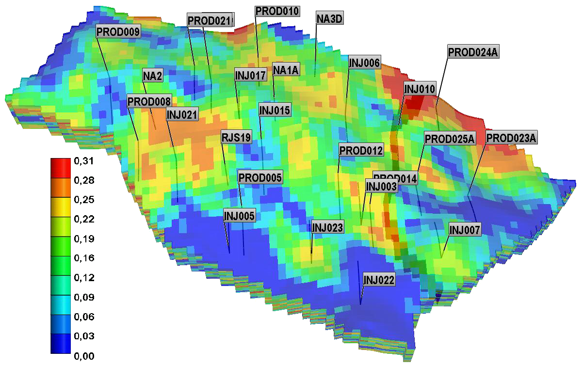 Namorado field: Porosity Map 3D including wells perforations