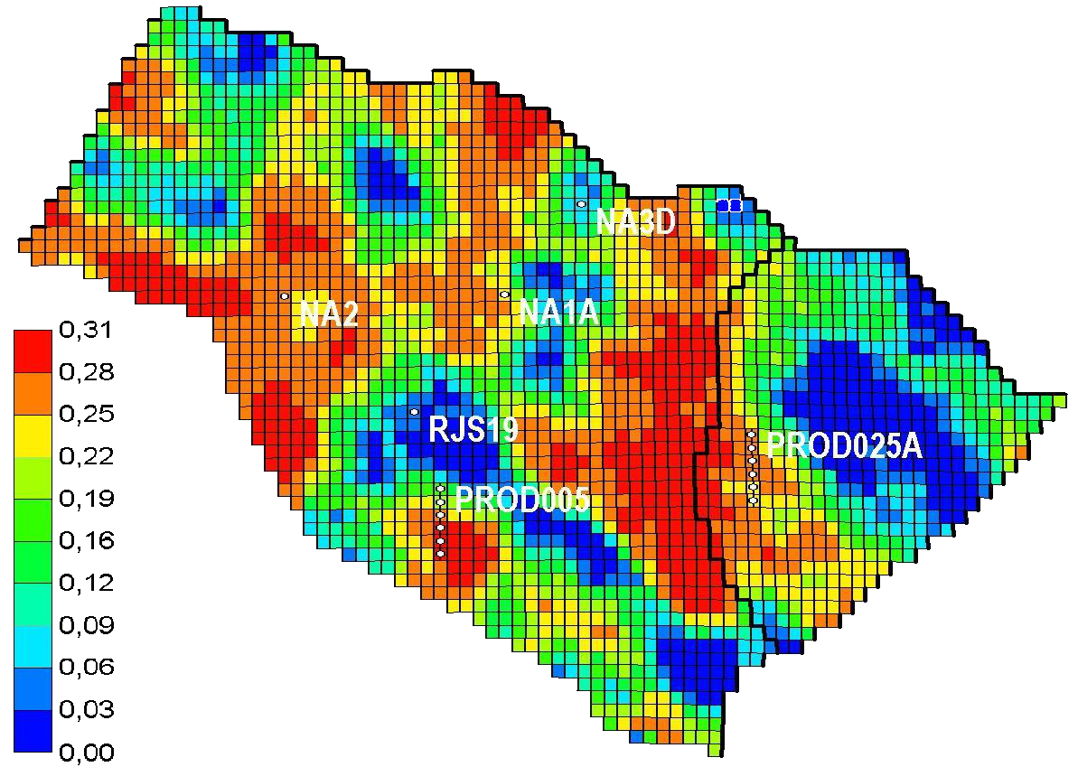 Base model : Porosity map (layer 3) including history wells  perforations (t2)