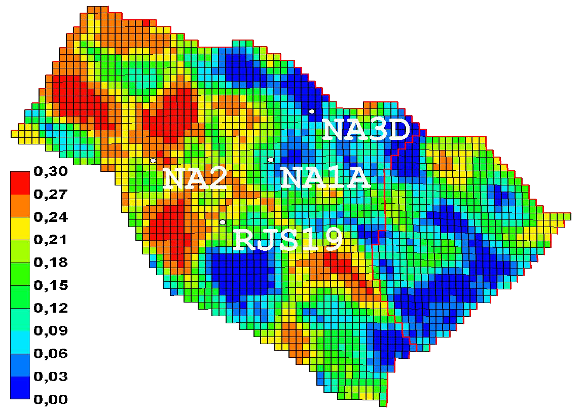 Base model : Porosity map (layer 1) including history wells locations (t1)