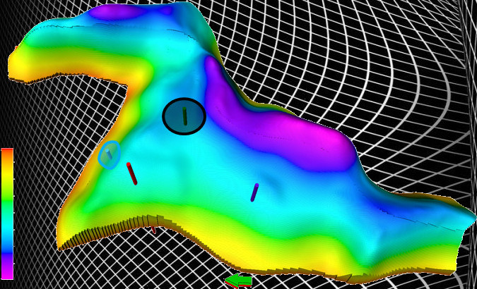 Namorado field: Porosity Map 3D including wells perforations