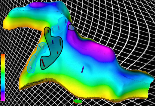 Namorado field: Porosity Map 3D including wells perforations