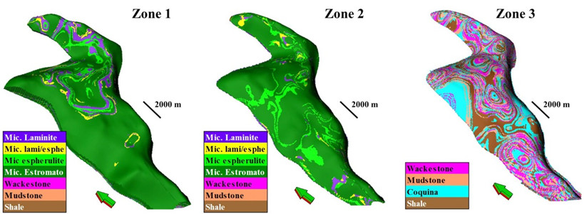 Facies model showing the facies for each zone