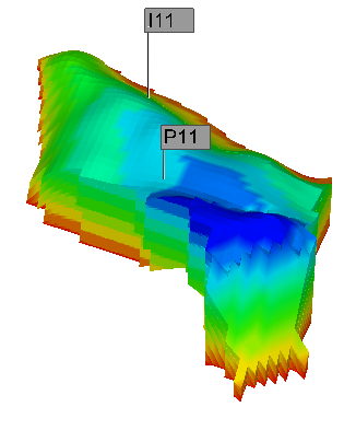 Grid top 3D view of UNISIM-IV-2019 with two wells of Extended Well Test