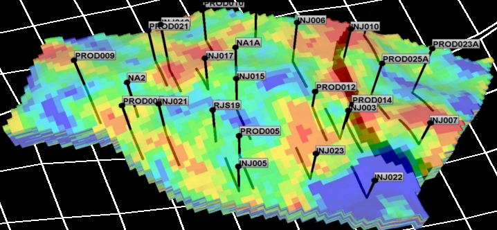 Namorado field: Porosity Map 3D including wells perforations