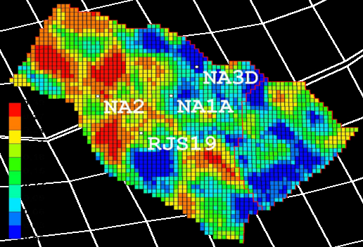 Namorado field: Porosity Map 3D including wells perforations