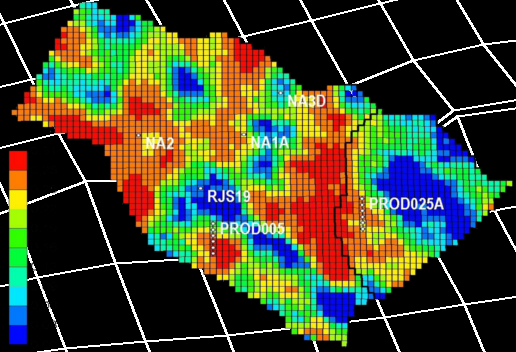 Namorado field: Porosity Map 3D including wells perforations