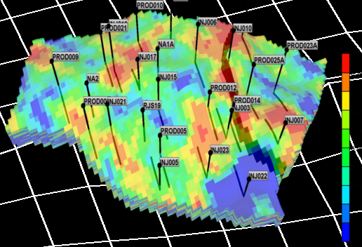 Namorado field: Porosity Map 3D including wells perforations